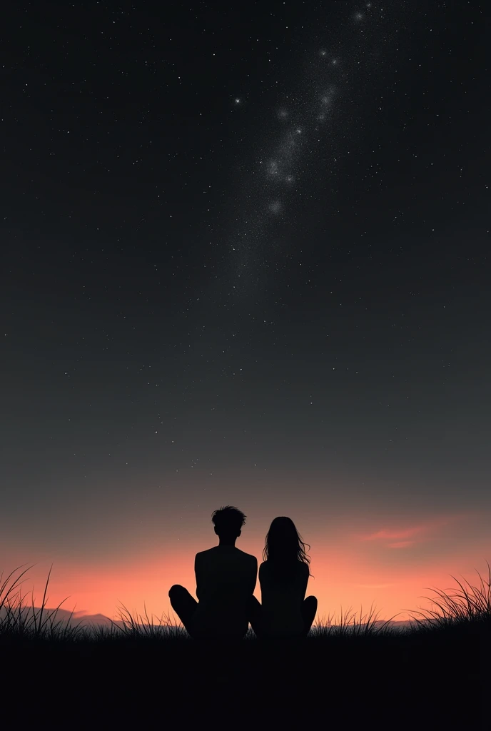 In black and white, a picture of the silhouettes of two people sitting on their backs looking up to the stary sky with a sunset.
