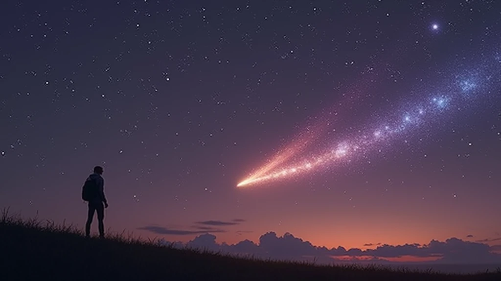 night sky will shooting star, hyperrealistic, realistic image of a shooting star, professional photography, small shooting star, it is high in the sky , reference image, make it more realistic, arafed view