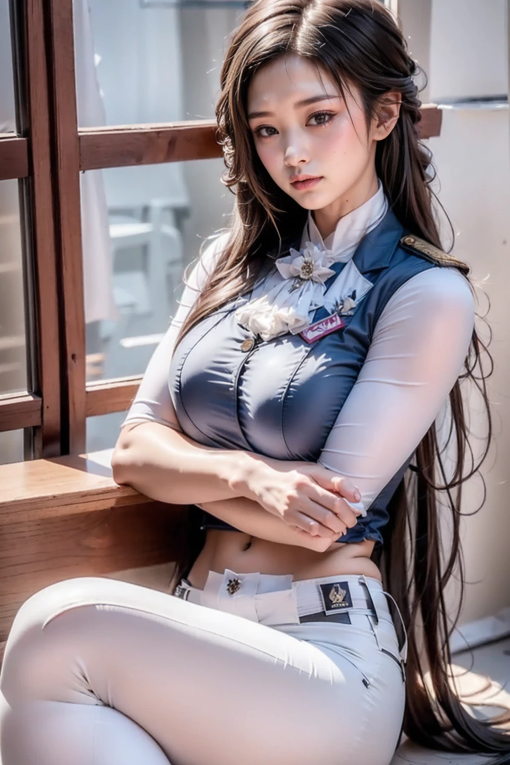 ultra-detailed、(8k、Highest quality、masterpiece:1.2)、(Realism、Realistic:1.37)、Ultra-high resolution、detailed face、(Highest quality)、(masterpiece)、1girl:1.5,Marciana,black long hair,straight hair,silky hair,blunt bangs,navy blue tops:1.5,long sleeve,((white skinny pants:1.5)),perfect big breast,perfet big hip,perfect tights,glamorous body, school room, tsurime, beautiful detailed eyes, diamond face,heart shaped face,expressionless:1.5, serious:1.5, looking away,sitting on chair:1.5, crossed legs:1.5,parted lips,hand in own hair, 