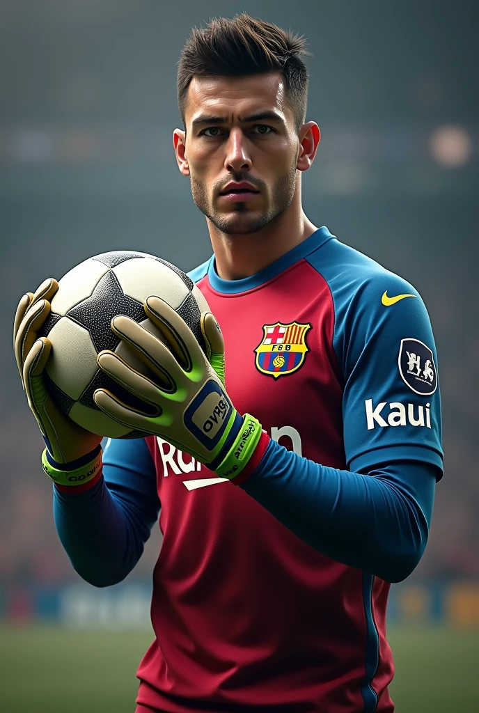 create an image of a goalkeeper with the Barcelona shirt with the name "Kauã" on his back holding the ball (ultra realistic) (for cell phone wallpaper) (on his back)