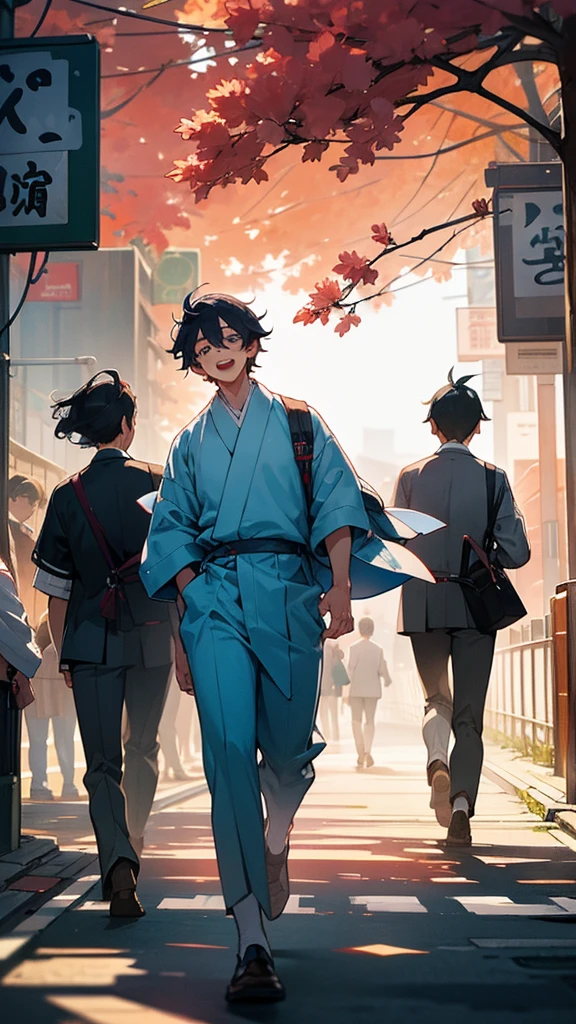 Three male students have fun while walking around Tokyo in the morning