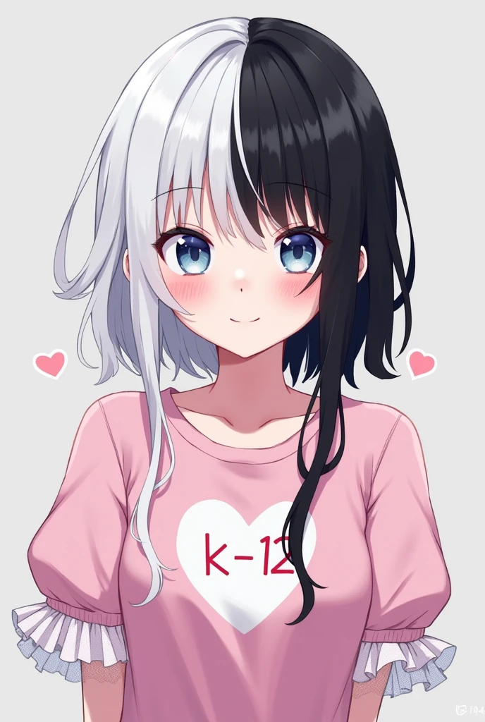 A Skin Man:Clear Eyes:brown Style:anime body:tall hair:split in half one side white and the other side black Clothes:a pink shirt with puffy sleeves made of light pink tulle and on the shirt a white heart with the writing "K- 12"
