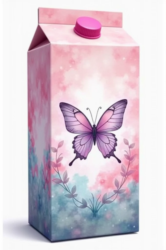 Create a pastel pink printable milk box in tye dye style, with a watercolor butterfly in the middle with Aqua watercolor painting flower frame in the front and a gray enclosure at the base of the box