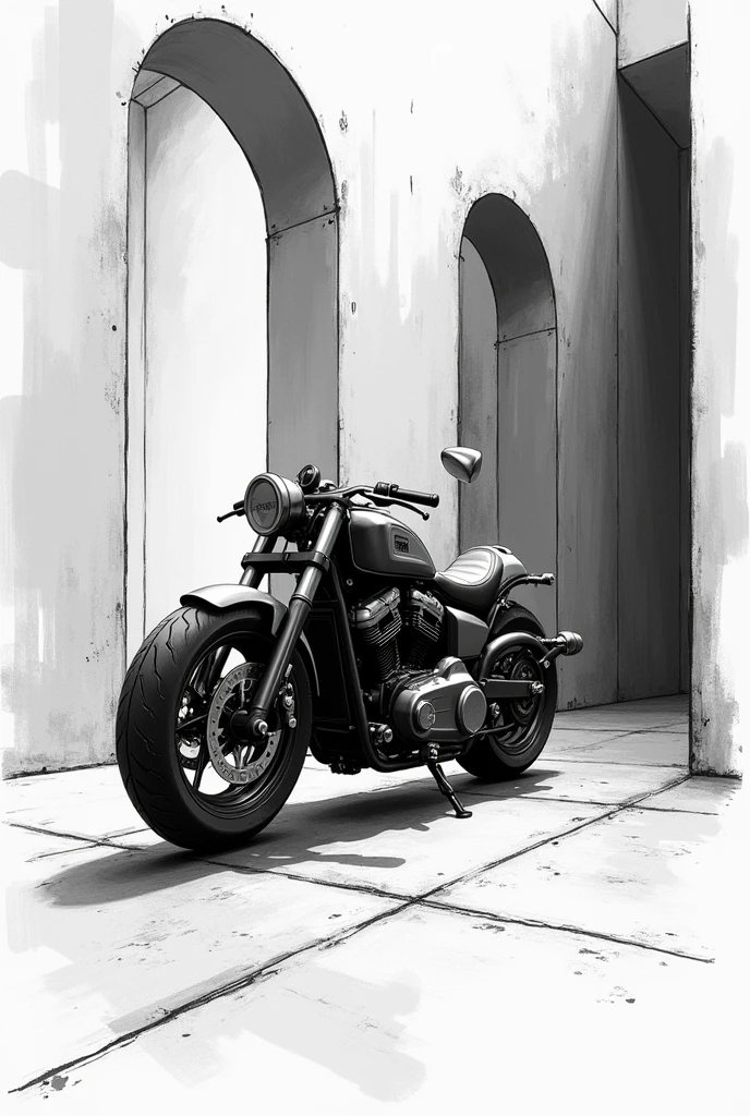 Imagine a black and white sketch of a contemporary art installation with a custom motorcycle