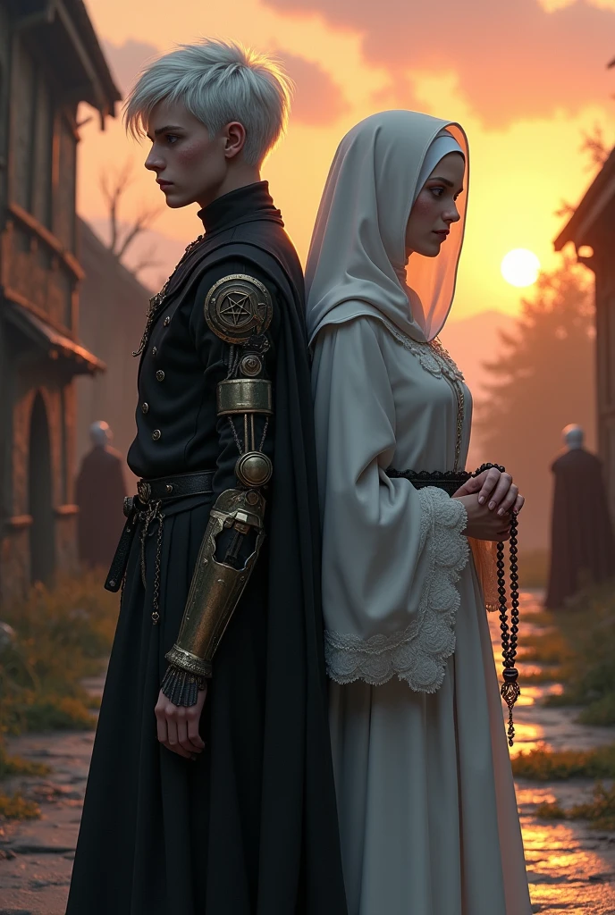 Two albinos from the Middle Ages back to back with violet eyes and white hair, in a village in front of an execution at the stake, with the one on the left with short hair in dark alchemist clothes and with the left arm with a steampunk prosthesis with a pentagram raised, and the one on the right in white nun's clothes with a rosary, ao por do sol