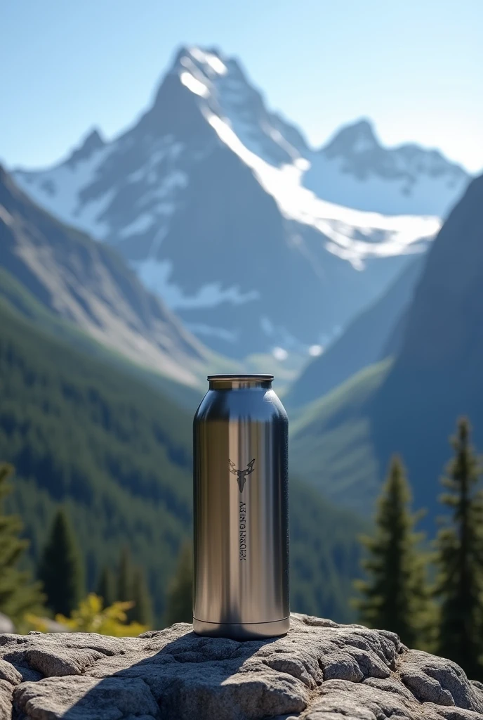 Peut tu me cree une image des nouvel thermos/mug du style « stanley cup » a la mode au etats unis , a well-recognized image, produced in front of a huge mountainous landscape