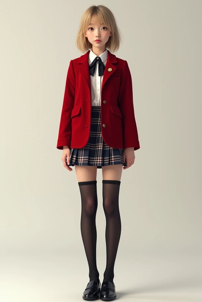 ((Best quality, 4K, high resolution, full-body showcase, show full-body)), (ultra-detailed, photo-realistic:1.37), (ultra-detailed, photo-realistic:1.37), 1 female, age female, 1 Asian beauty queen, ((blonde shoulder-length hair)), bleached hair, (tan skin colour), ultra finely detailed eyes (brown eyes colour), confident, beautiful, , slim body build, ((intricate detail)), super finely detailed hands, ultra finely detailed fingers(((ten fingers))), wearing red velvet school blazer over white long sleeves school shirt with loosened necktie, plaid mini school skirt, black stocking, and black school loafers, (standing provocatively), (full body showcase), (show full body), (no logos on background), (no logo), ((plain background)), ((plain background)), (((empty background)))