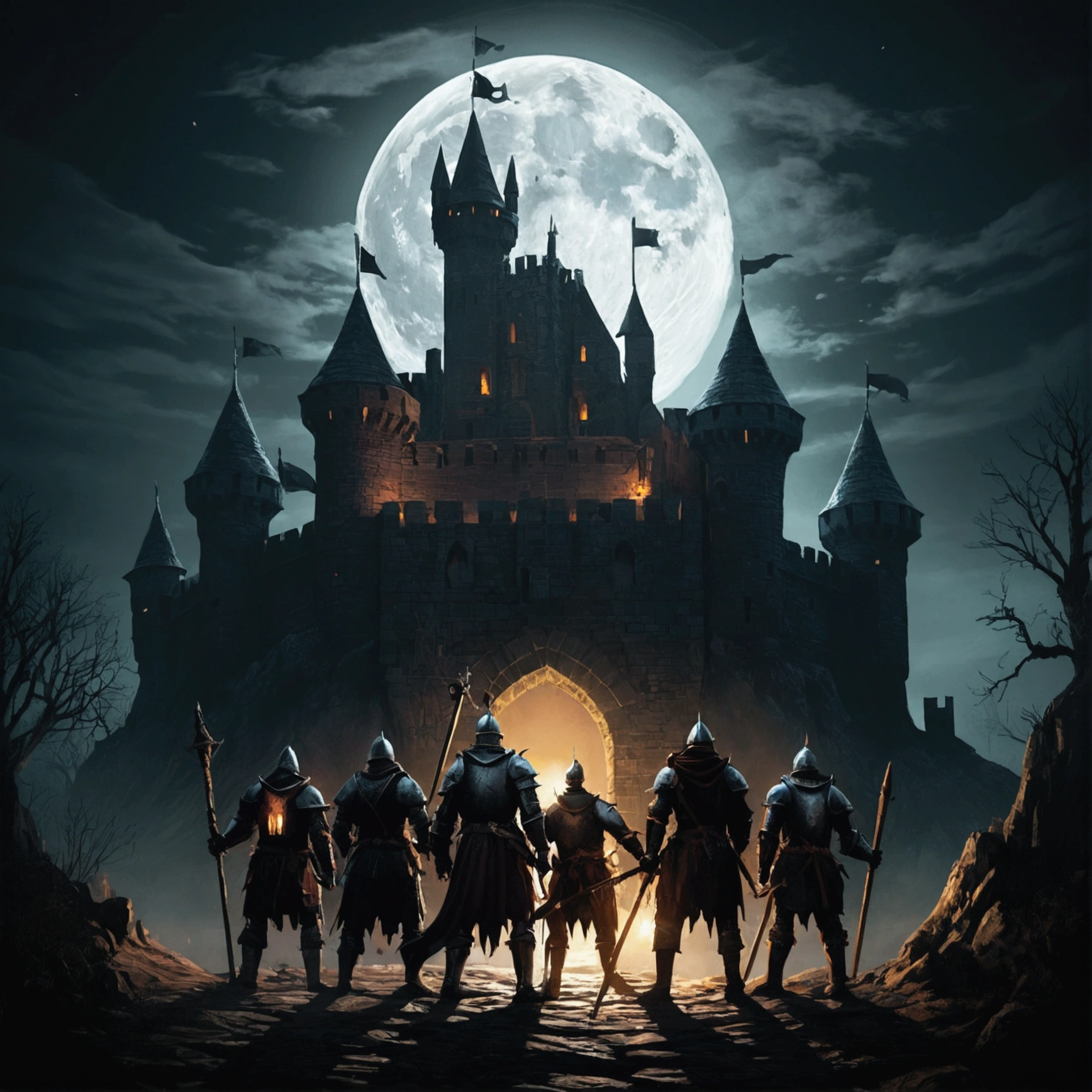 a group of knights standing in front of a castle with a full moon, from vermintide 2 video game, medieval dark fantasy, medieval fantasy game art, dark fantasy style art, dark fantasy artwork, epic rpg artwork, epic fantasy game art, an ominous fantasy illustration, fantasy game art, epic fantasy digital art style, dark fantasy concept art, dark fantasy art