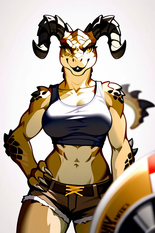 (((Masterpiece))), ((4k)), (best body), Solo, score_9,score_8_up,score_7_up, kemono style, Anthro deathclaw from fallout, Anthro reptile girl, snout, green scaled skin, gold eyes, black lips, black horns, black ram horns, athletic body, smiling, wearing brown laced tank top, (detailed background) 