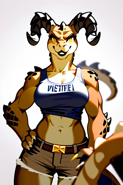 (((Masterpiece))), ((4k)), (best body), Solo, score_9,score_8_up,score_7_up, kemono style, Anthro deathclaw from fallout, Anthro reptile girl, snout, green scaled skin, gold eyes, black lips, black horns, black ram horns, athletic body, smiling, wearing brown laced tank top, (detailed background) 