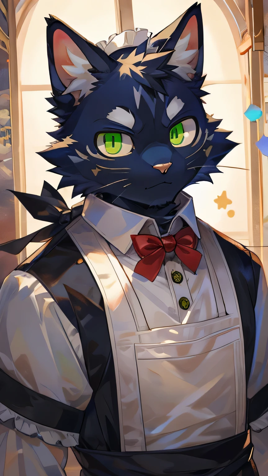 masterpiece,high quality,perfect anatomy,furry,anthro cat,black cat,male, niji5,green pupils,bright eyes,detailed face,by kiyosan,close up face,full body,wear the maid outfit