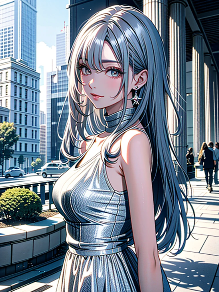 Masterpiece、High resolution、Detailed expression、Huge beauty、Silver Hair、18 meters tall、In a city building