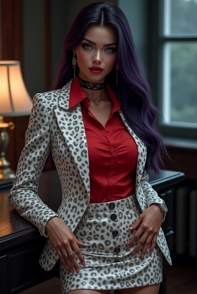 Authentic photography，Photorealistic，8k HD CG wallpaper，Ultra-high pixel display，Fine and careful CG premium wallpaper，Clear details close-up，Ultra-high resolution large files，Gothic，Dark Department，The world's top women，Perfect for women's artwork，Advanced technical details：1.1，Clear skin texture and moist skin feel：1.1，super detailing：1.1，solo，dynamicposes，A sexy and beautiful girl，Lady style，Top mixed-race model，She has long purple-black hair，Long purple-black haine and realistic hair texture（Top hair details：1.1）Fine, realistic eyes，Nice eyes，Aqua-blue pupils，tthin eyebrows，Super detailed eye works，Fine and careful facial makeup，Sexy red lips，The face of the royal sister，Detailed close-up of the face，Pretty face，Hydrated skin feeling，A perfectly proportioned face（Advanced face detailing：1.1）perfect body figure，Supermodel body shape，Victoria's Secret Angel，Perfect for sexy carcasses，Bigboobs（Perfect chest shape）Small man's waist（Skinny and beautiful thin waist）Cocked buttocks（Upturned and tight buttocks）Long legs（Perfectly proportioned leg shape）Dressed in a French high-end glossy white leopard print blazer，Wear a bright red button-down shirt and a high-waisted hip-wrapped skirt，Bright red underneath buttoned shirt，White shiny blazer，She wears stiletto heeled women's boots with patent leather mid-barrel boots，Black pointed toe high heeled boots，Ultra-thin shiny silk horse oil black stockings，jewelry：big earrings，choker necklace，Bracelet，Gyuru，Scenes：in a office，Standing in the office，blazer jacket，Suit women，Women's artwork display，Reality，Stunning work，Sexy celebrity photography，full-body view，Full body drawings，Fantasyart，Detailed top-of-the-line realistic work，Ultra-high detail work