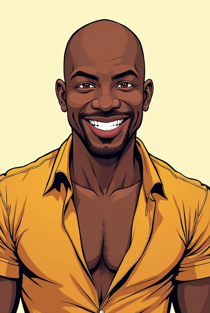 Manga style 50 year old bald black man. flat nose, full lips, Brown eyes. Il sourit et porte une chemise un peu ouverte au col