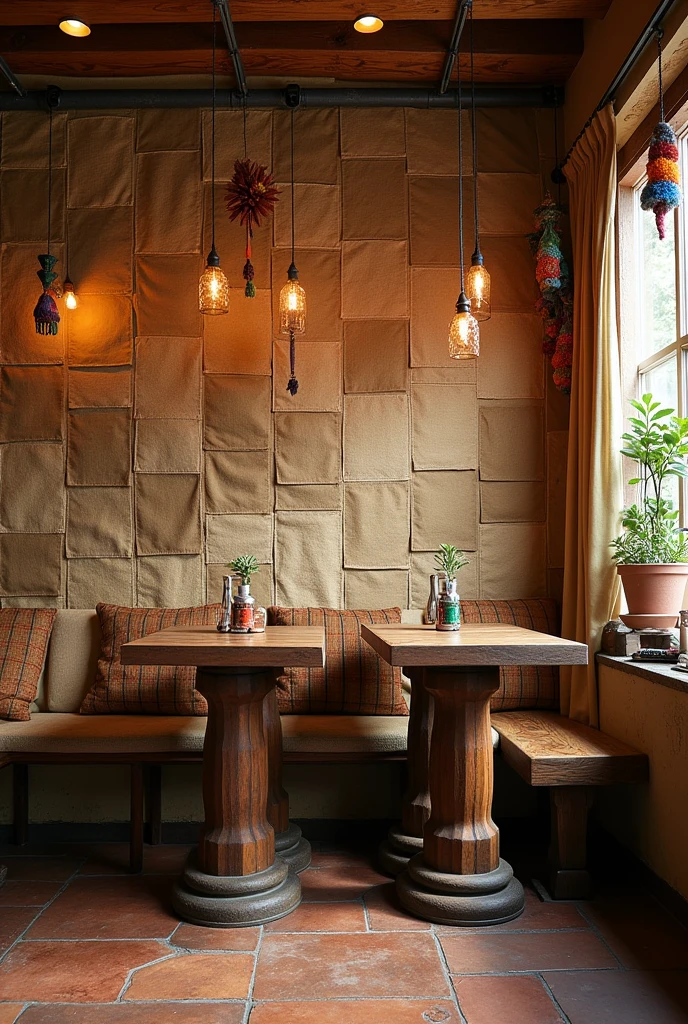 decoration of a small restaurant, with the back wall covered with coffee sacks, with two wooden tables, and handmade decorations from Colombia