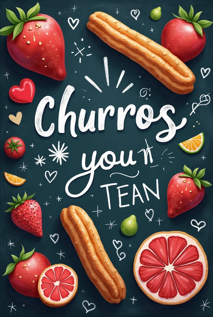 A design that simulates a coffee blackboard, with drawings of churros and fruits, and the word "churros" written in the center with white chalk. Small details like hearts and arrows point to different flavors. A background that imitates the texture of a slate, with a casual and cozy style.