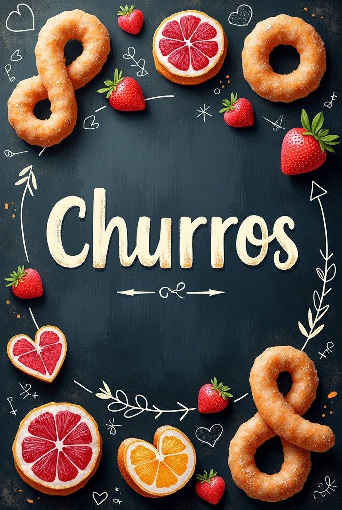 A design that simulates a coffee blackboard, with drawings of churros and fruits, and the word "churros" written in the center with white chalk. Small details like hearts and arrows point to different flavors. A background that imitates the texture of a slate, with a casual and cozy style.