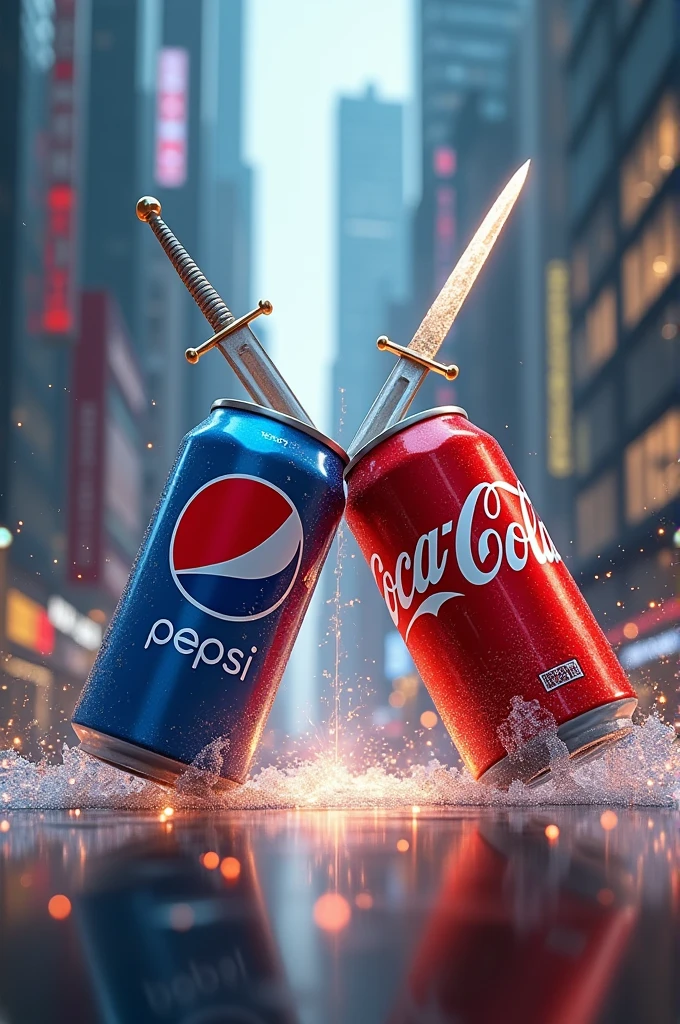 Une canette de Coca-Cola combat a l'épée une canettes pe pepsy cola 