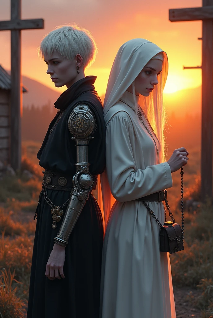 Two albinos from the Middle Ages back to back with violet eyes and white hair, in a village in front of an execution at the stake, with the one on the left with short hair in dark alchemist clothes and with the left arm with a steampunk prosthesis with a pentagram raised, and the one on the right in white nun's clothes with a rosary, ao por do sol