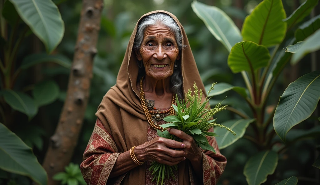 Create an ultra-realistic image of a traditional Brazilian healer, 70 years old dressed in typical northeastern costumes. She is wearing a long skirt and a scarf on her head., performing a blessing ritual. The healer holds a bundle of herbs, like rue and basil, In your hands. His expression is serene and focused as he performs the ritual..