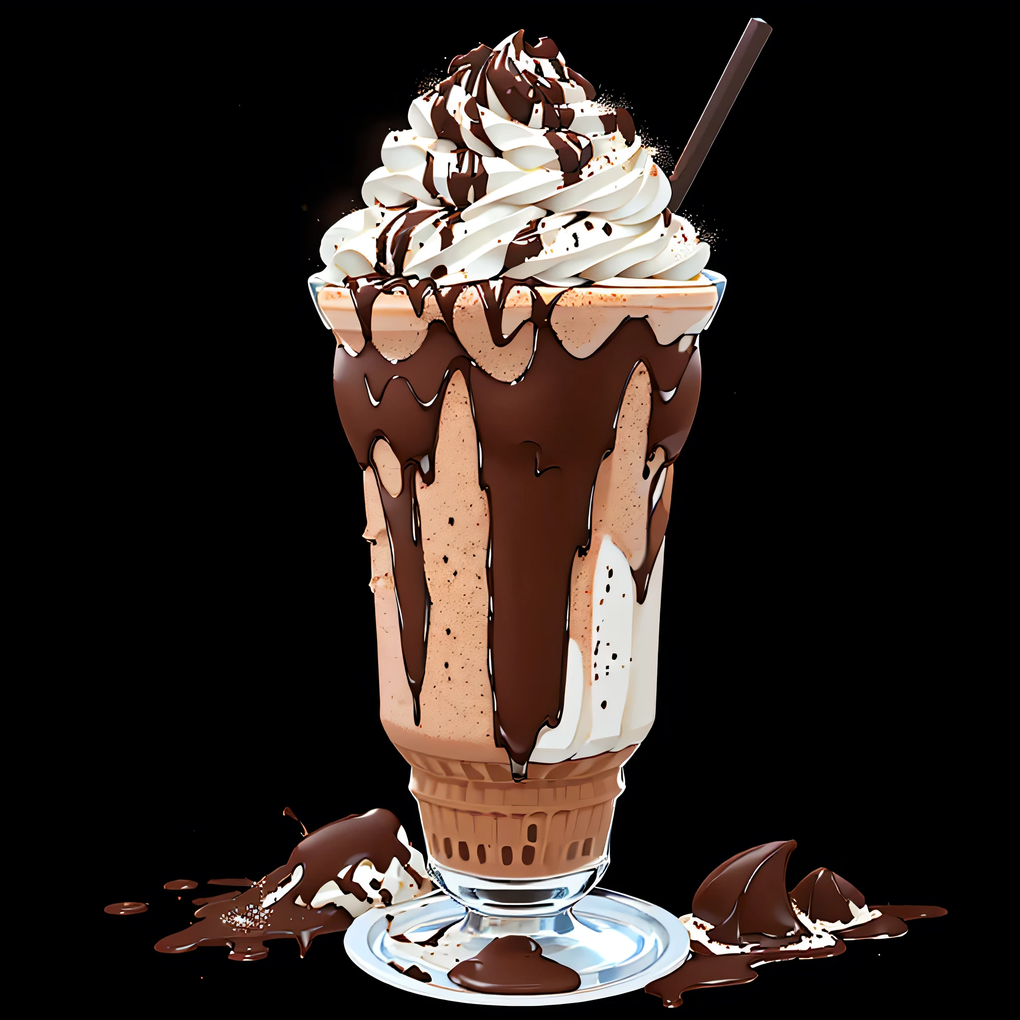 chocolate milkshake with whipped cream and chocolate pieces on top, milkshake, some chocolate sauce, smothered in melted chocolate, chocolate sauce, drink milkshakes together, chocolate, ice coffee, chocolate. highly detailed, whipped cream, by Joe Bowler, shutterstock, whipped cream on top, on black background, by Franz Hegi, ice cream on the side, hot cocoa drink