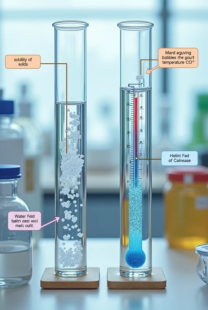 Showing two glass test tubes in a laboratory setting, each with a thermometer immersed in water. The first test tube is labeled &#39;Solubility of Solids&#39; and contains sodium chloride crystals. (NaCl) dissolving in water. The thermometer in this tube shows a temperature of 80°C. The second test tube is labeled &#39;Solubility of Gases&#39; and contains water with bubbles of carbon dioxide. (CO2) which are decreasing as the temperature increases. The thermometer in this tube also shows 80°C. Each tube has clear labels indicating the type of solubility it represents., and there are arrows indicating the decrease in bubbles in the case of gases and the increase in the dissolution of crystals in the case of solids.
