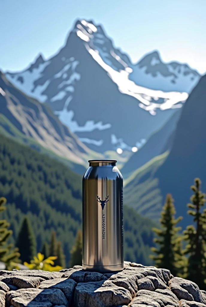 Peut tu me cree une image des nouvel thermos/mug du style « stanley cup » a la mode au etats unis , a well-recognized image, produced in front of a huge mountainous landscape 