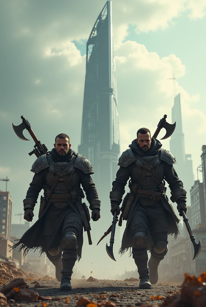 I want an image with 2 well-armed men, even with axes and guns, leaving a city towards a tower of scientists,they have to be facing the tower, and the tower has to be modern