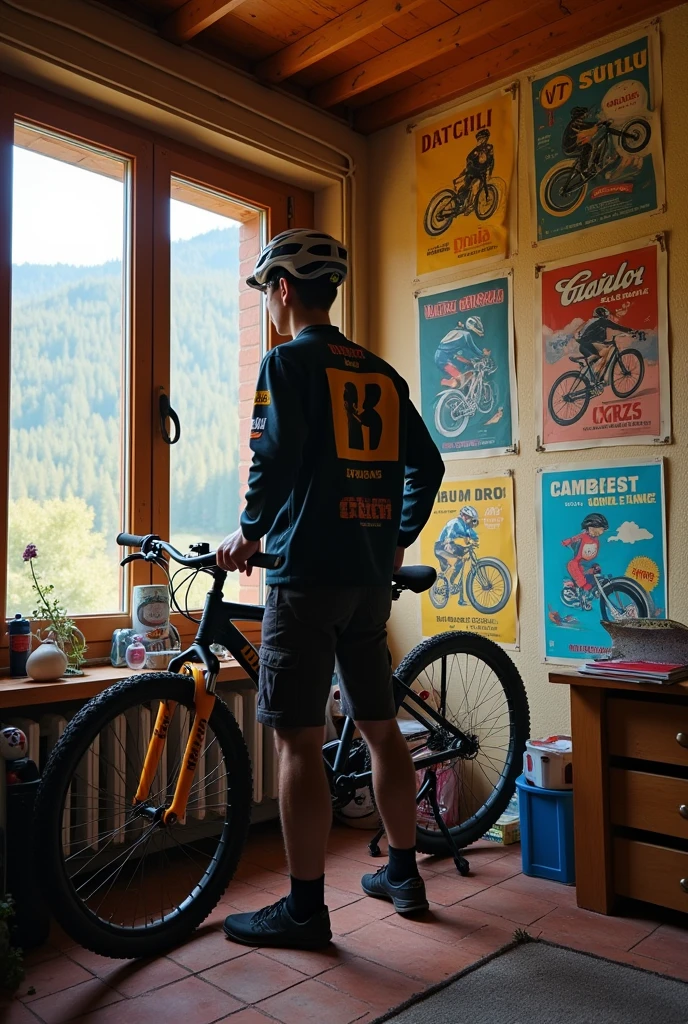 Cree une photo d'un chambre des annee 90, avec plusiers affiche accroché au mur, il y un maillot de vtt cross avec le nom inscrit a l'arriere Pisano, il y un Bmx Accroché, il est en or, et il y aussiun jeune de 15 qui ecoute la musique avec une casquette il est de dos devant sa fenetre et il regarde a l'exterieur une montagne