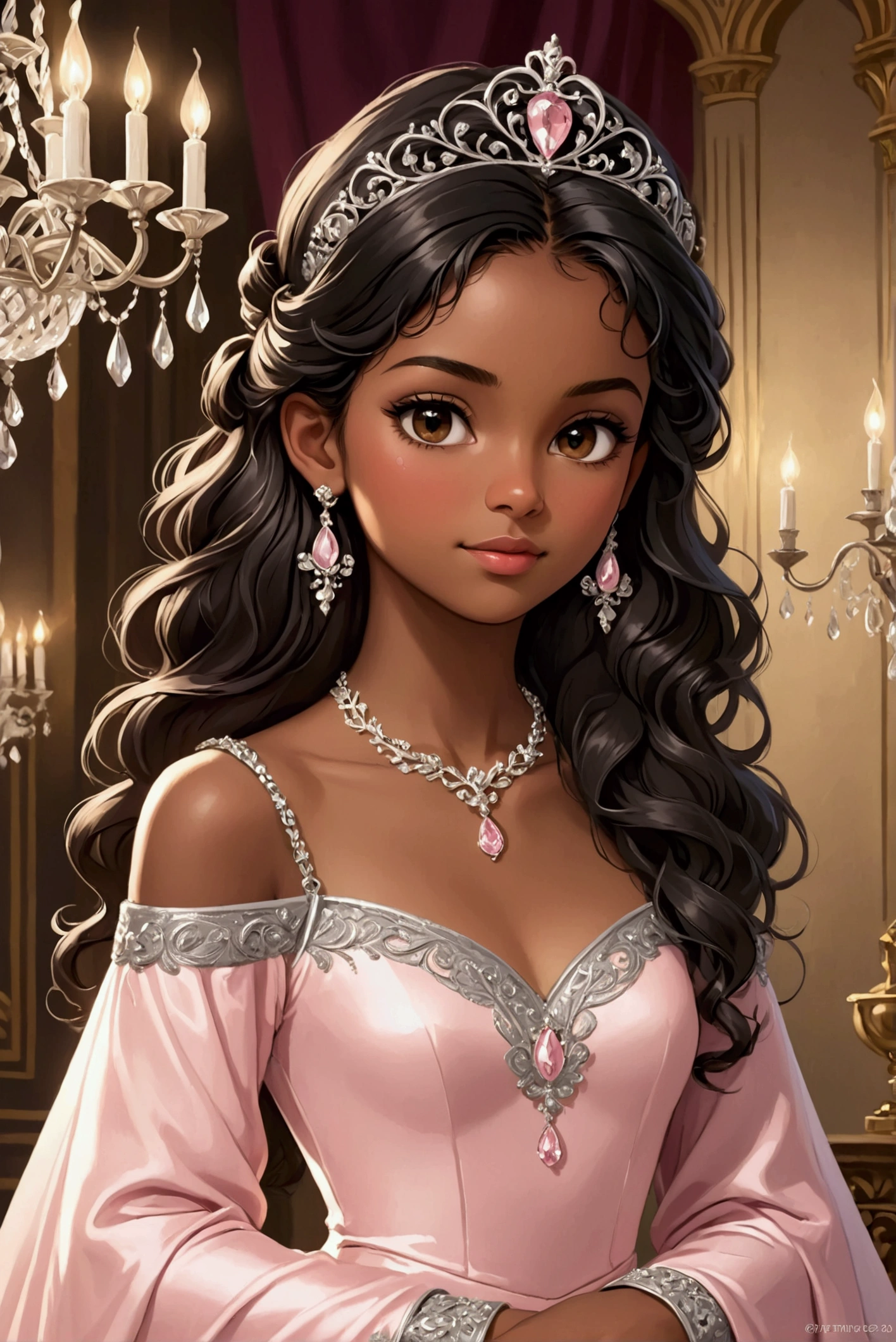 The image shows a young woman with a soft expression and a slight smile.. She has dark skin and curly black hair., that are voluminous and frame your face in a natural and graceful way. She is wearing a silver tiara with shiny details., suggesting a princess style or a royalty theme.

Her dress is luxurious and elaborate, in a light pink tone with silver details that shine in the light. The bodice of the dress is fitted and decorated with shiny embroidery and delicate floral appliqués on the shoulders., that add a romantic and sophisticated touch to the look. The sleeves are dropped, showing your shoulders, which adds an air of elegance.

She wears a silver necklace with a shiny pendant and matching earrings., that complement the luxurious theme of the outfit. The background of the image suggests a sophisticated interior environment, with a chandelier in the background and an elegant and refined atmosphere, which further enhances its beauty and the theme of royalty.