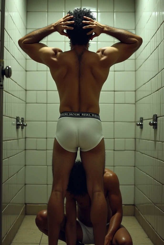Strong Puerto Rican Youth, tabby, hairy and bearded, in white underwear, standing, inside a public restroom, with hands raised behind head, having his smelly underwear licked by a crouching man, shirt dress and shorts.
