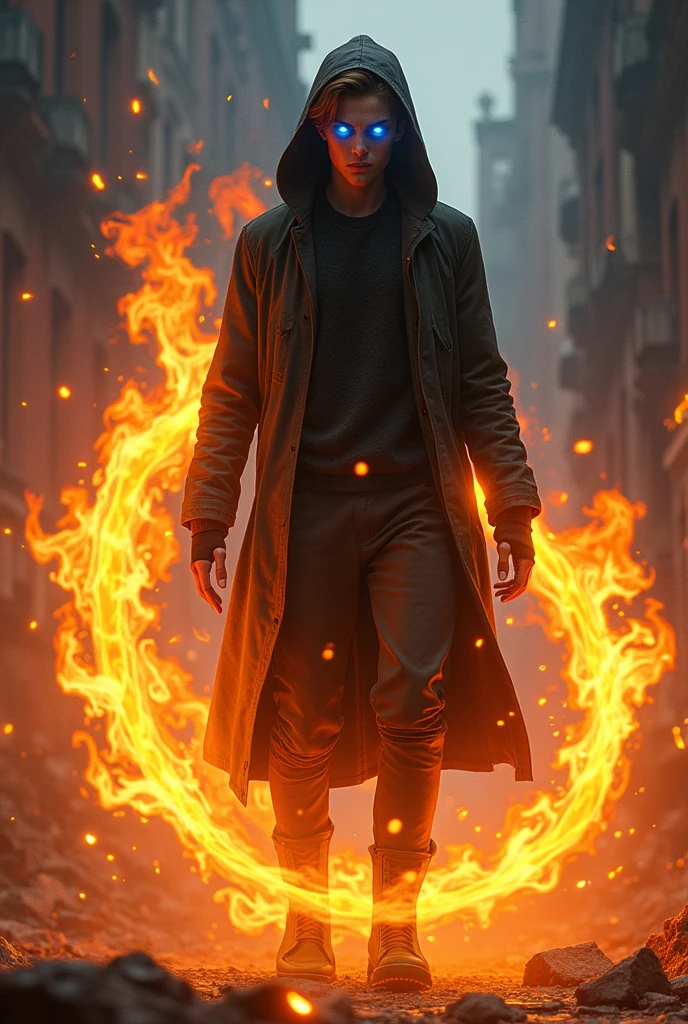 1 ager who is 1,90 meters blue eyes that manipulate fire with the same clothes that Dabi had in his battle against Todoroki in the second War of Heroes against Villains