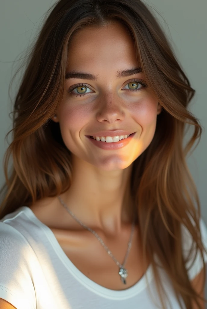 "Un gros plan, portrait 4K haute résolution d'une femme de 2 ans avec des traits caucasiens saisissants et une peau aux tons olive. Sa longue, ses cheveux bruns ondulés en cascade sur ses épaules, encadrer son visage. Elle a de grands yeux verts qui brillent d'une lumière particulière, et sa jeunesse, sa peau lisse est parsemée de quelques taches de rousseur subtiles, ajoutant à sa fraîcheur, beauté naturelle. Un petit, une beauté visible au-dessus du côté gauche de sa bouche lui confère un charme distinctif, Et quand elle sourit, une canine légèrement inégale ajoute une touche d'originalité unique. Elle porte un t-shirt blanc cintré et un délicat, collier en argent léger. Son expression rayonne de chaleur et de douceur, capturant son essence de future influenceuse dans le monde des parfums naturels. l'image est un chef d'oeuvre, conçu pour mettre en valeur son allure naturelle et la douceur, atmosphère lumineuse qu'elle incarne."