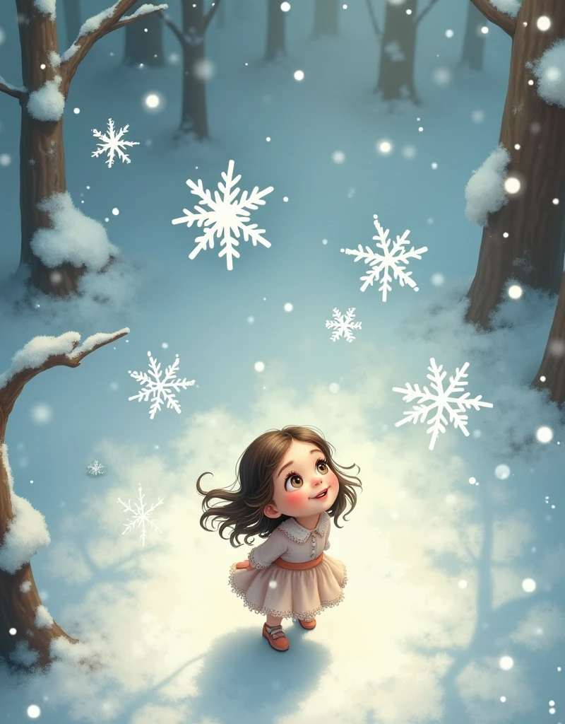 Snowflakes dancing, girl looking up, bird's eye view,