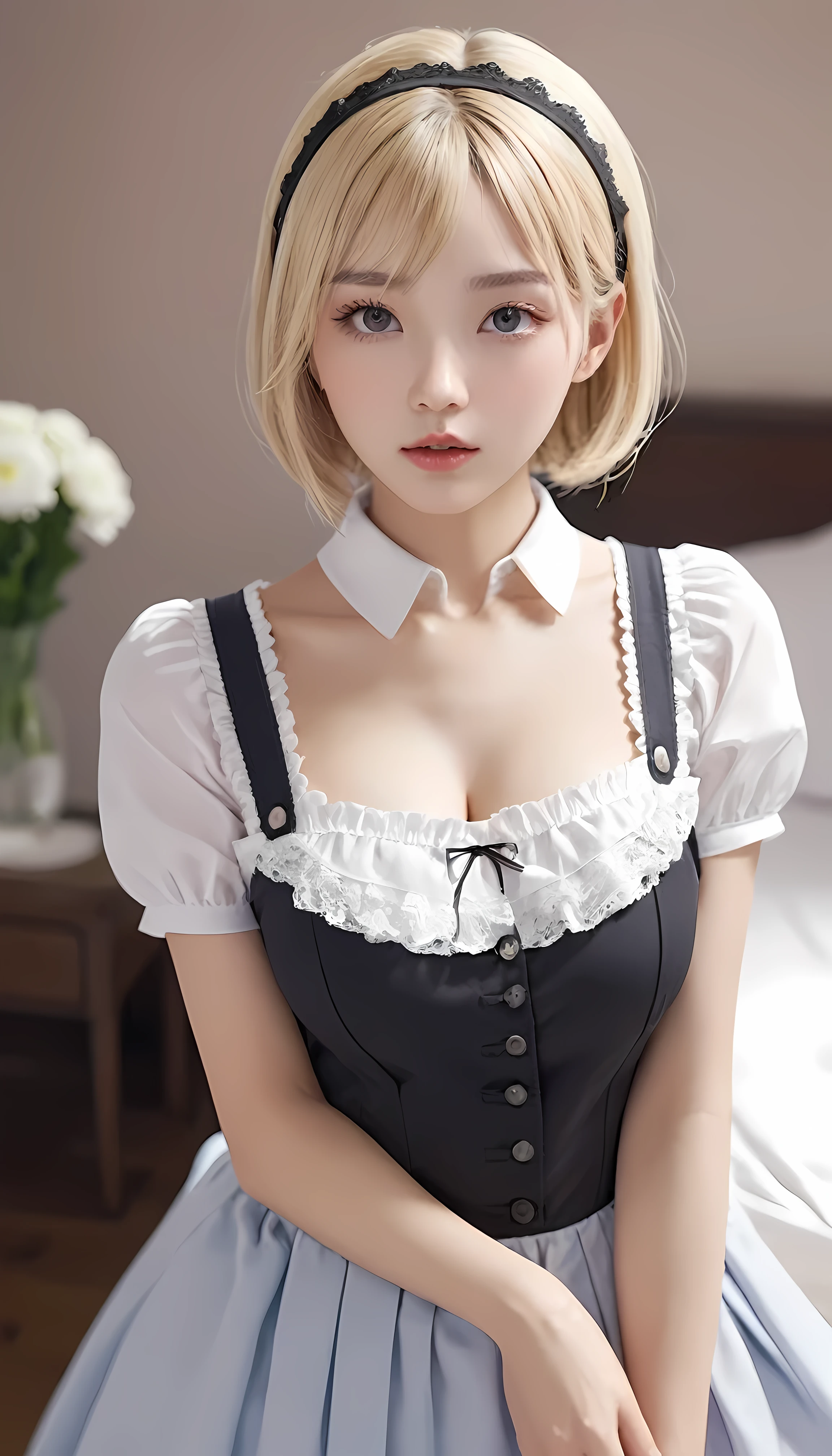 (surreal)、(High resolution)、(8k)、(Very detailed)、(Best illustrations)、(Beautiful and detailed eyes:1.0)、Highest quality:1.0,maid、lingerie,Natural Lip,Blonde Short Hair、Changing into maid uniform