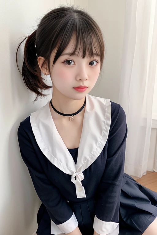 Ulchan-6500-v1.1, (highest resolution, clear_Image 1.2) 、(Beautiful girl with golden ratio face)、(18 year old girl)、(very vivid eyes、wolf eyes 1.2)、wonderful, table top, high detail, lip gloss、very beautiful girl、 alone, beautiful girl like a model、(long sleeve sailor suit、highly detailed pleated scarf, beautiful and detailed eyes, beautifully detailed nose,((((lick your tongue)))、Top quality photo masterpiece、amazing realism photography、Surrealist female portraits by David Hockney and Alphonse Mucha,