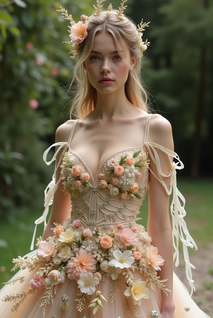 Tonight, her dress was designed to mimic the flower trellis in her mother's garden. The base of Evangeline's bodice was nude silk, making her look as if she were wrapped in nothing but the crisscrossing cream-velvet ribbons that went to her hips. There, pastel flowers began to appear, growing denser until every inch of her lower skirts were covered in a brilliant clash of silk violets, jeweled peonies, tulle lilies, curling vines, and sprays of gold crawling paisleys.
