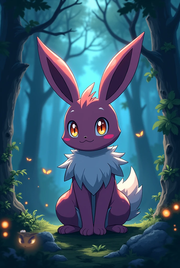 an art of the anime version of pokemon Rabbinja in a dark forest, with nocturnal pokemons
