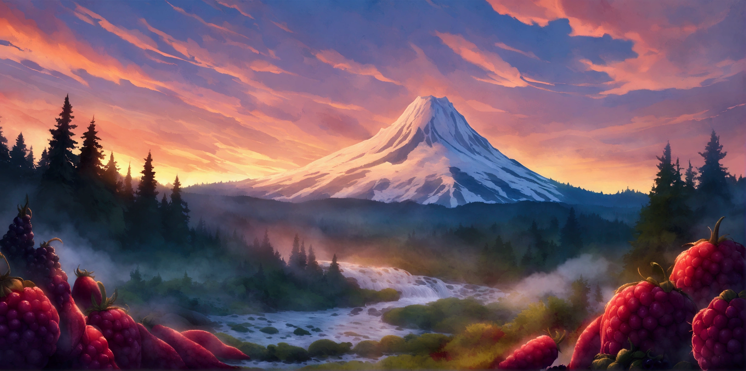 ultra wide landscape flooded with light moebius style, greenery, giant Red chilis, blackberries, epic, mt hood, waterfall, forest, oregon, green