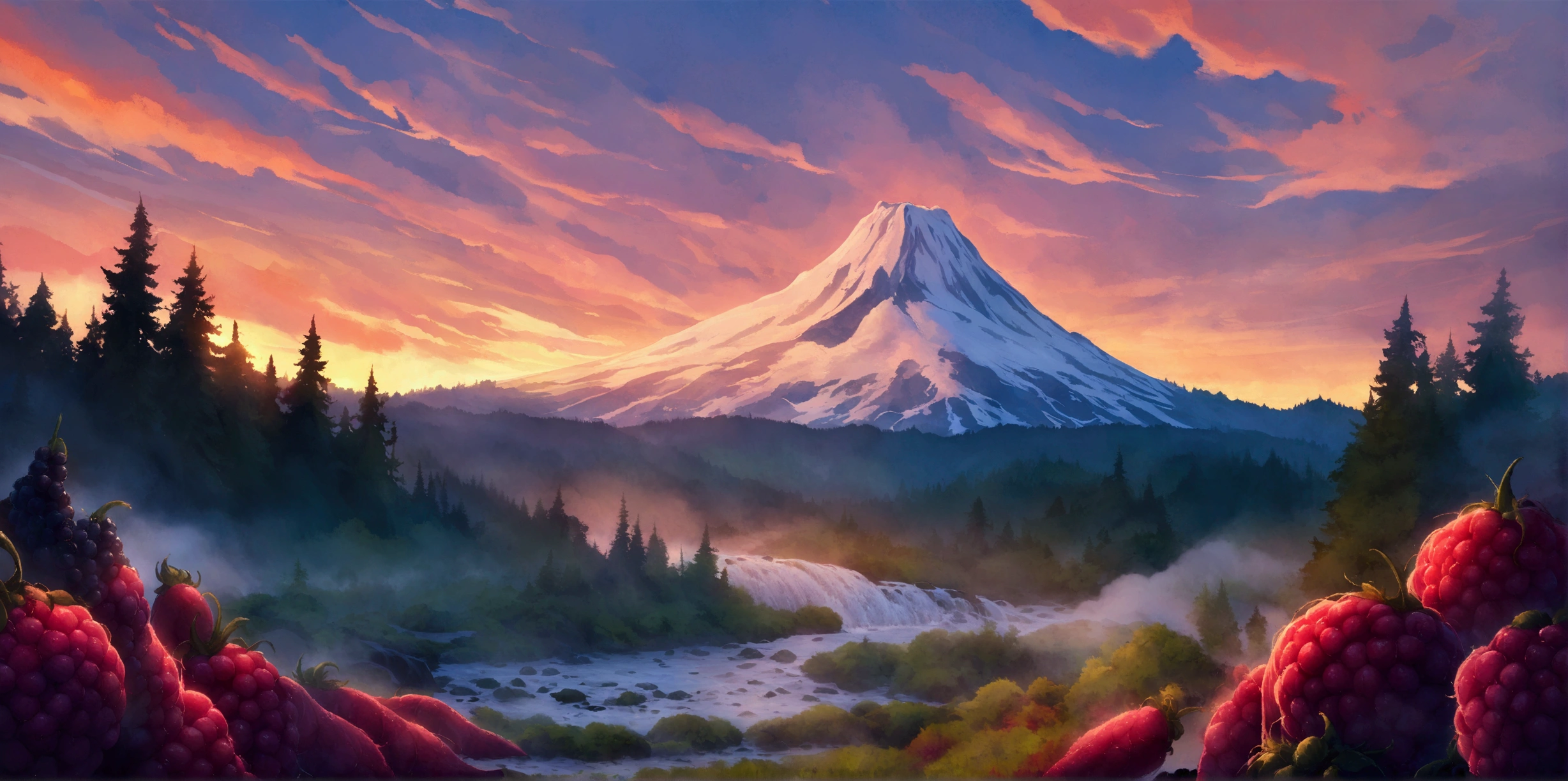 ultra wide landscape flooded with light moebius style, greenery, giant Red chilis, blackberries, epic, mt hood, waterfall, forest, oregon, green