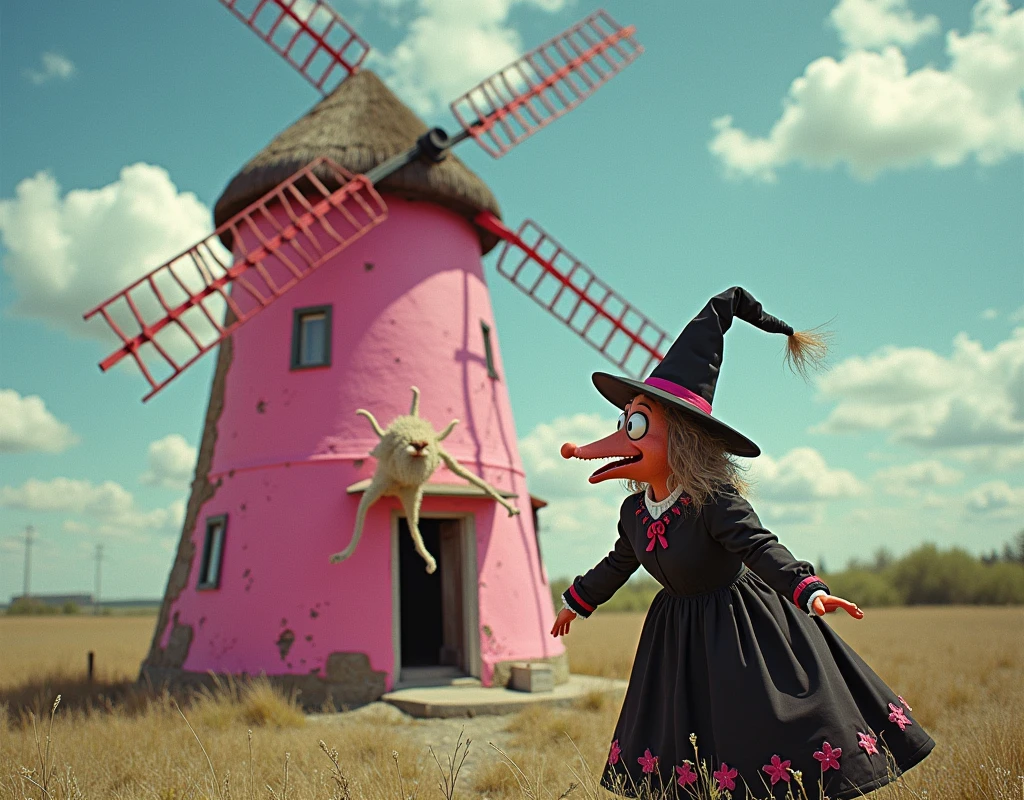 Grotbags outside the pink windmill laughing whilst Rod Hull is falling from the roof with a TV aeriel in his hand. 35mm photograph, hyperrealistic image