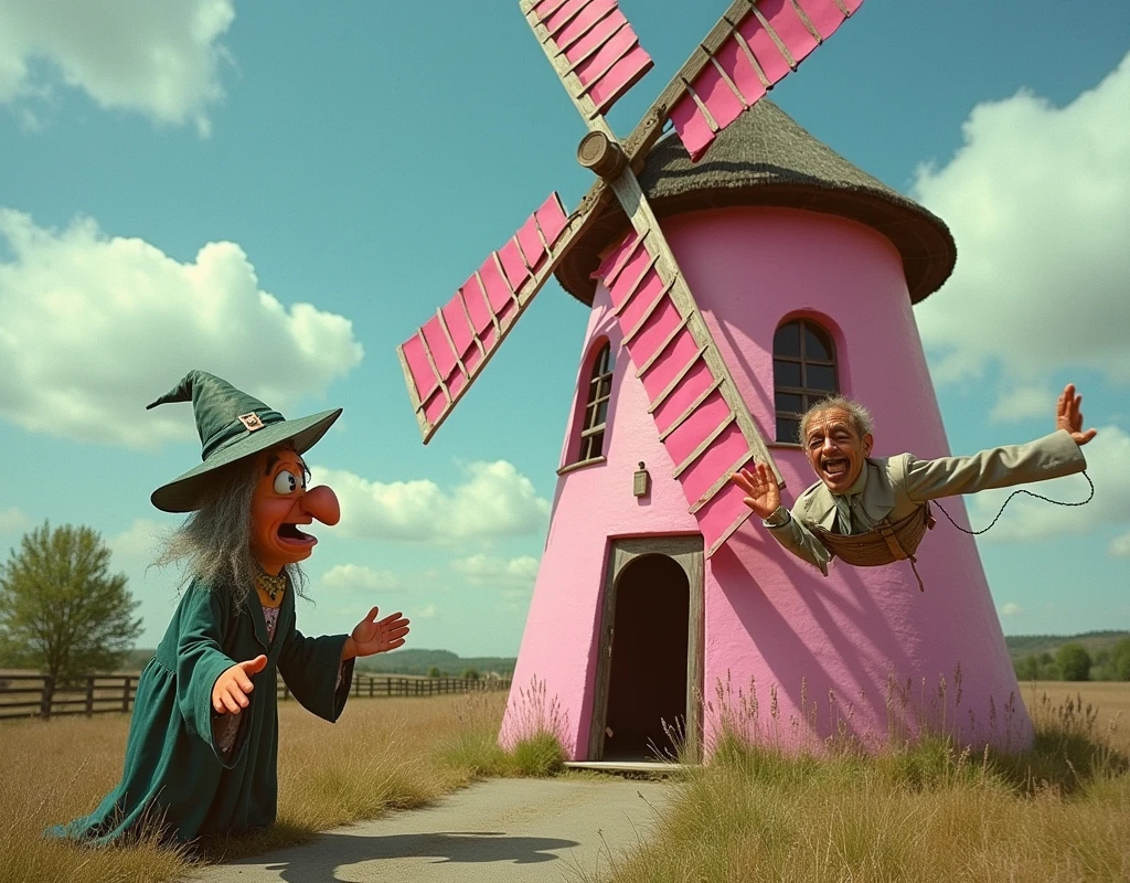 Grotbags outside the pink windmill laughing whilst Rod Hull is falling from the roof with a TV aeriel in his hand. 35mm photograph, hyperrealistic image