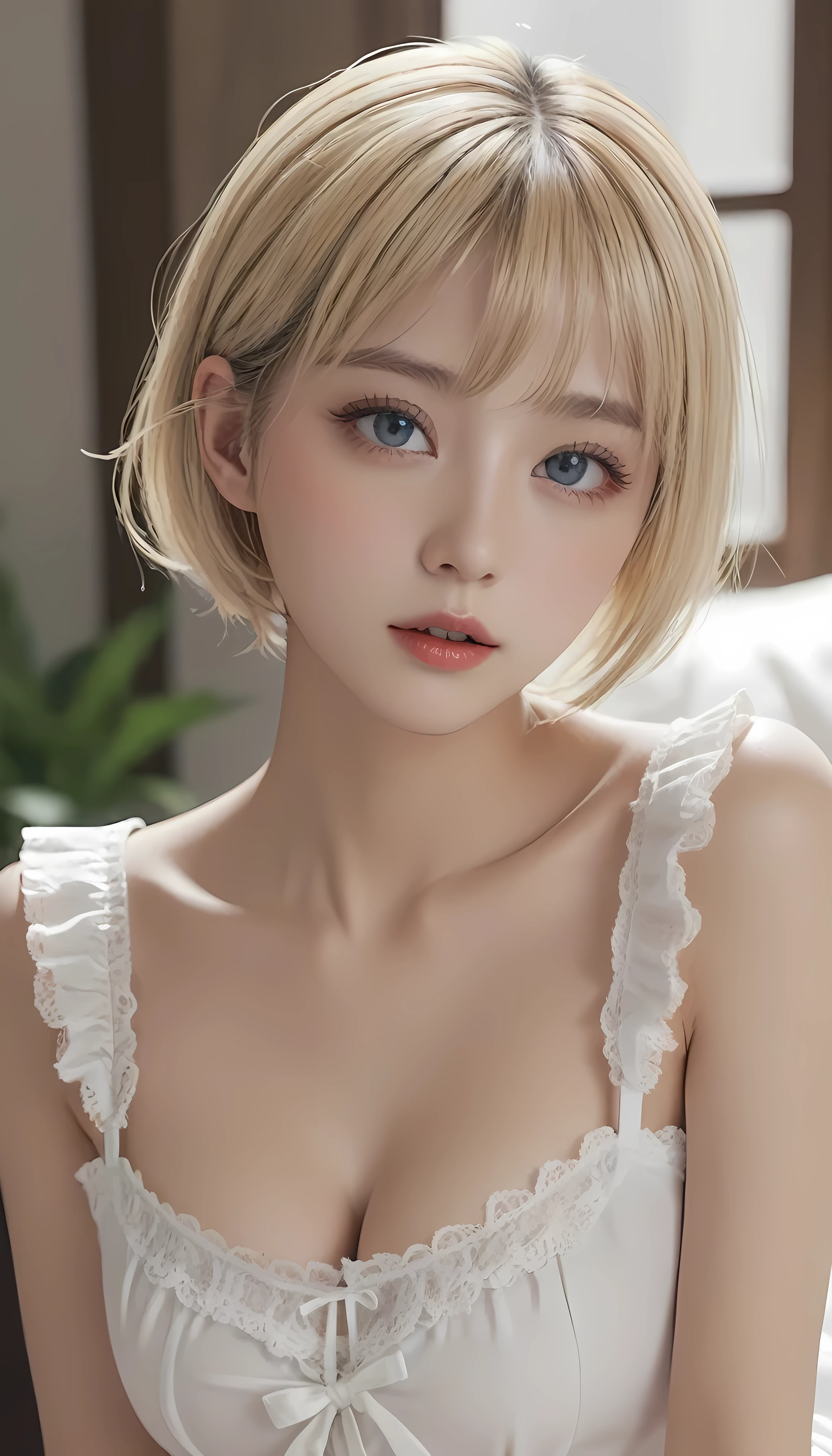 (surreal)、(High resolution)、(8k)、(Very detailed)、(Best illustrations)、(Beautiful and detailed eyes:1.0)、Highest quality:1.0,maid、lingerie,Natural Lip,Blonde Short Hair、Changing into maid uniform