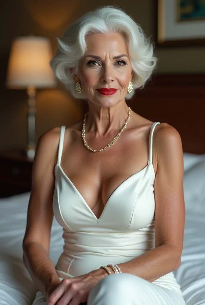 gilf, 70 ans, belle, vieille, grand mère, cheveux blancs, très belle, assise sur un lit, belles jambes, maquillage, bijoux, lèvres rouges, robe blanche, décolletée, grosse poitrine, agée, mure, poitrine énorme, sexy, magnifique, attirante, poitrine plus grosse