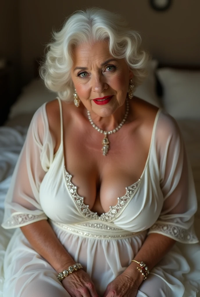 gilf, 80 ans, belle, vieille, grand mère, cheveux blancs, très belle, poitrine énorme,assise sur un lit, belles jambes, maquillage, bijoux, lèvres rouges, robe blanche, décolletée, grosse poitrine, agée, mure, poitrine énorme, sexy, magnifique, poitrine énorme,attirante, poitrine plus grosse