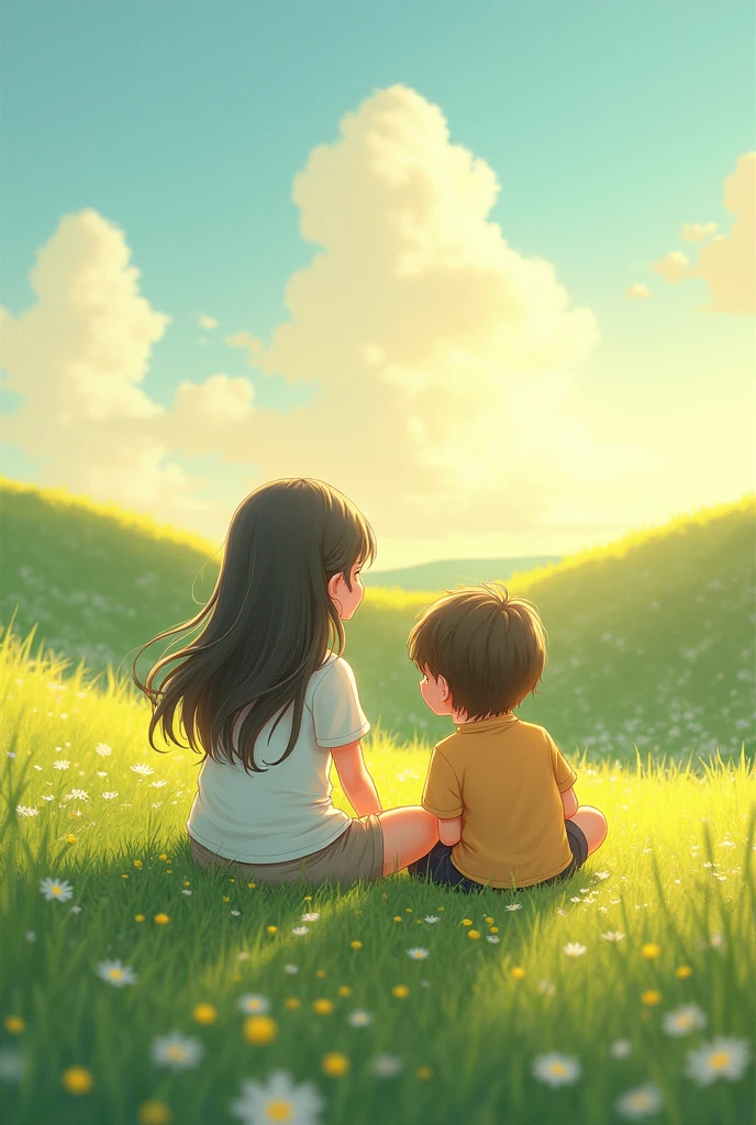 Girl and boy sitting on the grass
