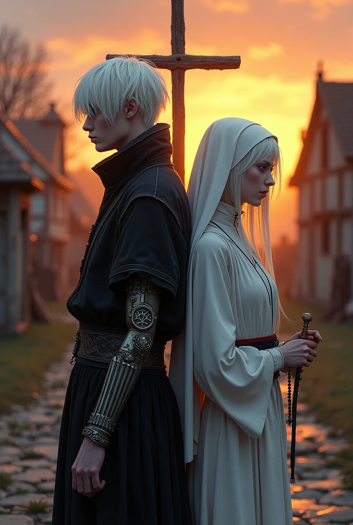 Two albinos from the Middle Ages back to back with violet eyes and white hair, in a village in front of an execution at the stake, with the one on the left with short hair in dark alchemist clothes and with the left arm with a steampunk prosthesis with a pentagram raised, and the one on the right in white nun's clothes with a rosary, ao por do sol