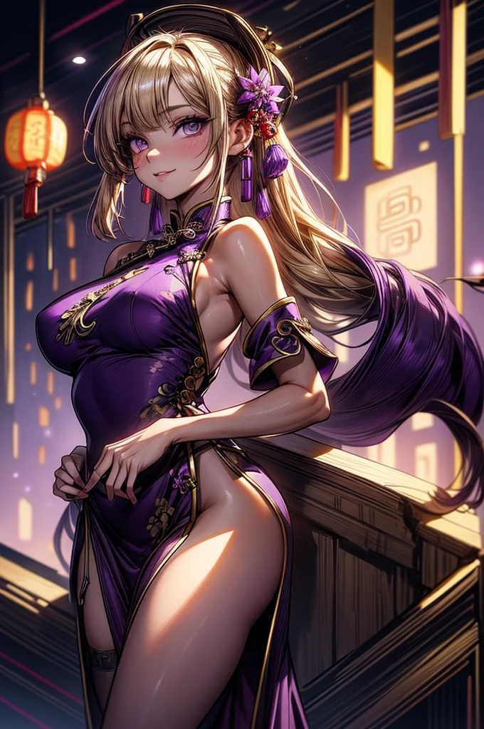 Raw photo,masterpiece,best quality,ultra-detailed,high resolution,extremely detailed CG,unity 8k wallpaper,official art,production art,novel illustration,caustics,textile shading,super detailed skin,perfect anatomy,detailed,cinematic lighting,dynamic lighting,beautiful detailed eyes,(shiny skin),sexy smile,(nsfw:0.7),(Purple Chinese dress:1.5), (small breasts), large buttocks, blonde, garter belt,Pretty eyes, long lashes, eye shadow, eyeliner,detailed eyes,beautiful eyes,behind viewer,back shot,hips focus,(side slit dress:1.5),