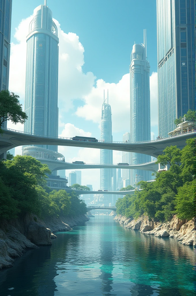 Design a drawing of a futuristic society, which is well maintained, the environment is renewed, There is a lot of technology and the world is much better