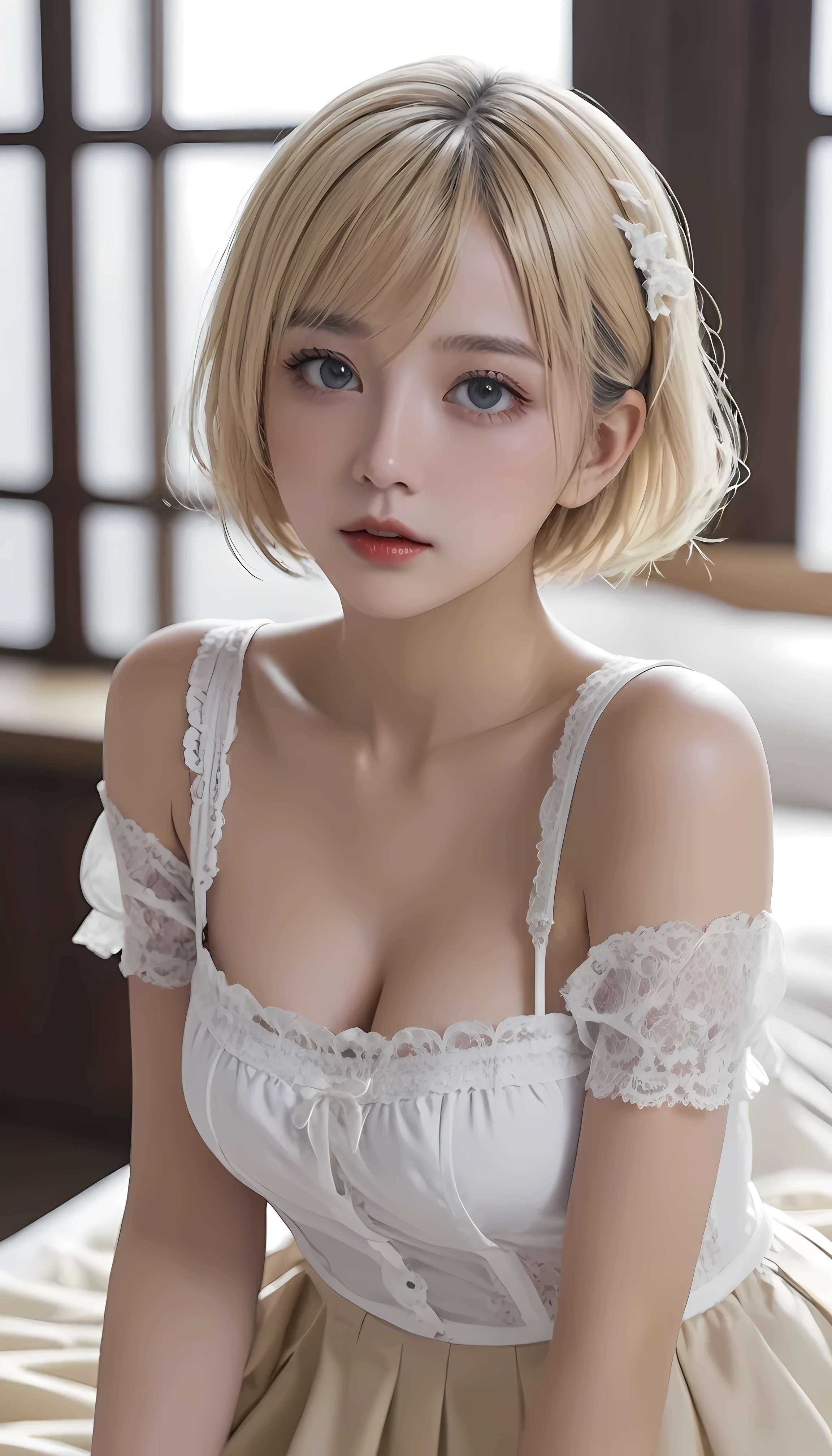 (surreal)、(High resolution)、(8k)、(Very detailed)、(Best illustrations)、(Beautiful and detailed eyes:1.0)、Highest quality:1.0,maid、lingerie,Natural Lip,Blonde Short Hair、Changing into maid uniform